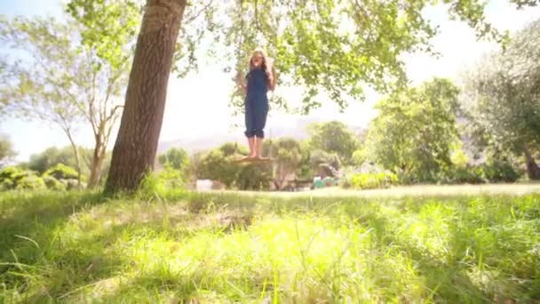 Mädchen steht auf Schaukel unter Baum — Stockvideo