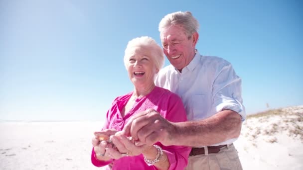 Elderly couple with collection of shells — Stock Video