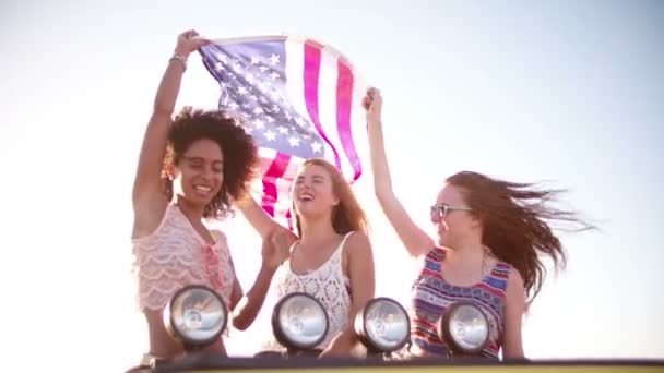 Mädchen hisst mit Freunden eine amerikanische Flagge — Stockvideo