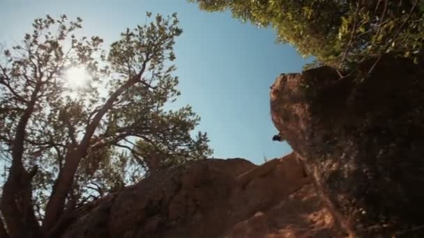 Ciclista de montaña montando sobre rocas — Vídeo de stock