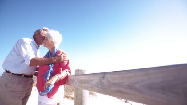 Casal idoso aposentado juntos na praia — Vídeo de Stock