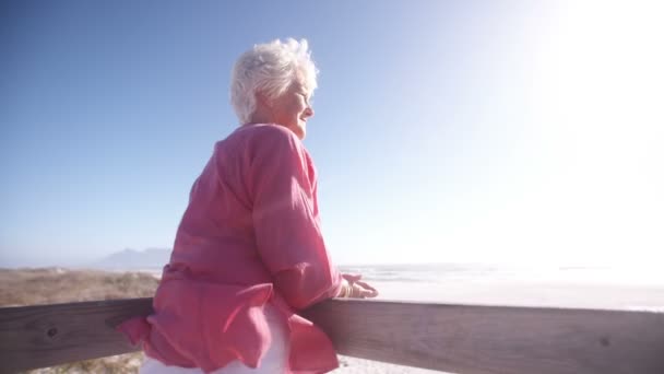 Seniorin verbringt Zeit am Strand — Stockvideo