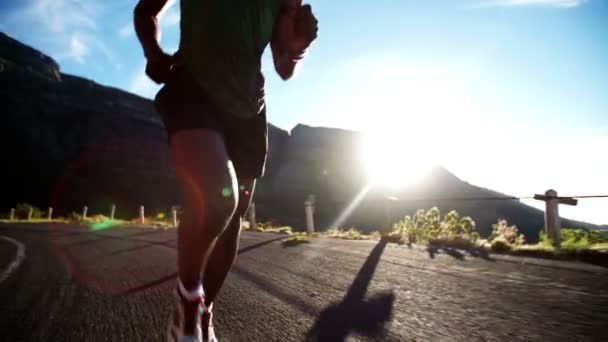 Male runner on mountain road — Stock Video