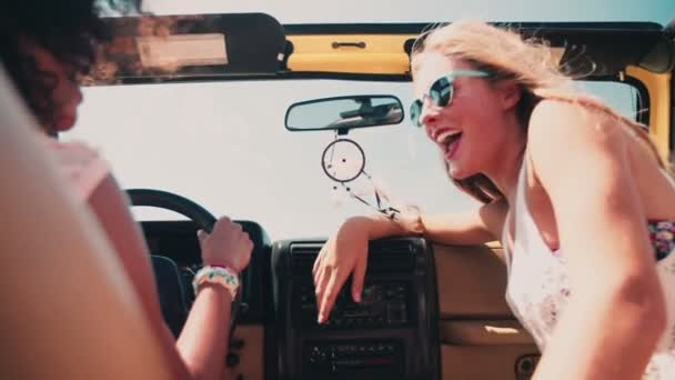 Teen girls in vehicle on a road trip — Stock Video