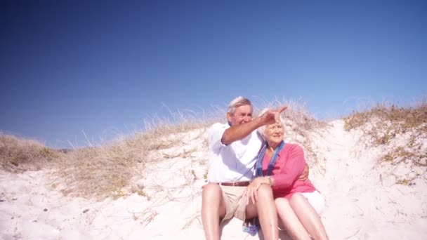Nyugdíjas pár élvezi időt a strandon — Stock videók