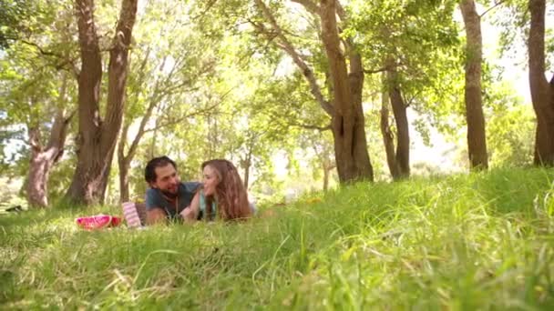 公園に横たわる若いカップル — ストック動画