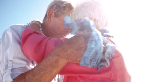 Elderly active seniors hugging on the beach — Stock Video