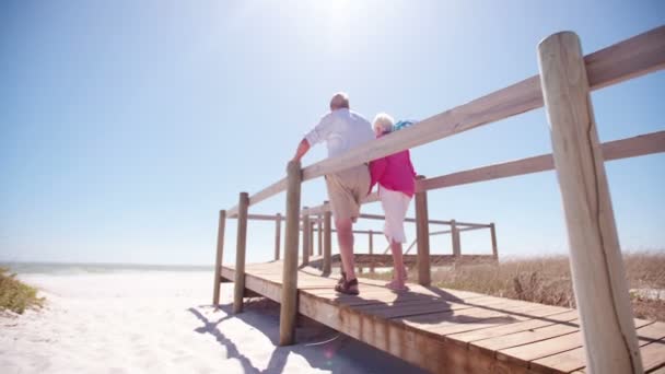 Důchodci pár drží za ruce na pláži