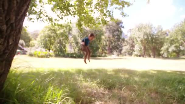 Kleine jongen swingend in park — Stockvideo