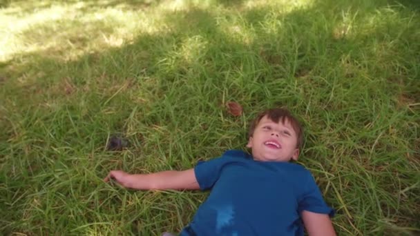 Laughing boy lying in grass — Stock Video