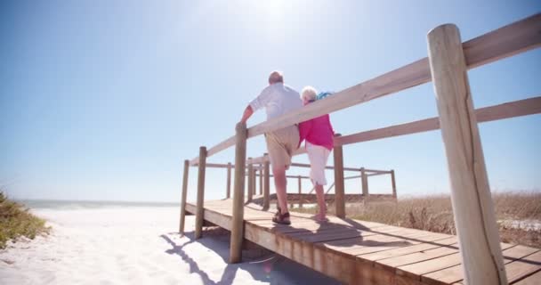 Coppia in pensione che si tiene per mano in spiaggia — Video Stock