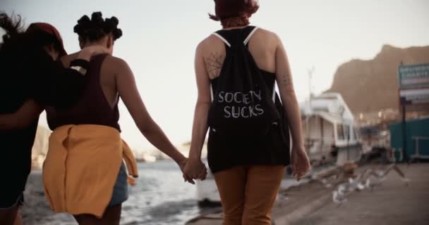 Teen γκραντζ κορίτσια περπάτημα γύρω από το λιμάνι μαζί — Αρχείο Βίντεο