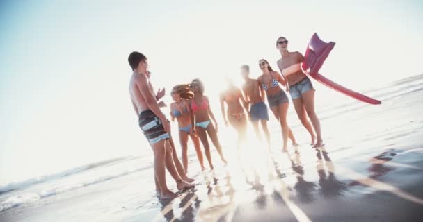 Amigos en la playa con los pies en el agua — Vídeos de Stock