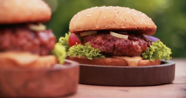 Grote gastronomische hamburger met verse ingrediënten — Stockvideo