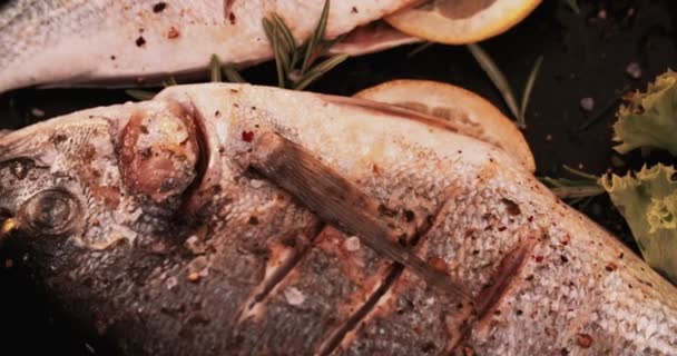 Pescado entero perfectamente a la parrilla — Vídeos de Stock