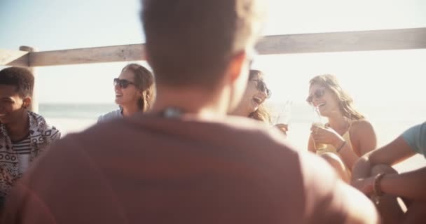 Groep vrienden ontspannen en bier drinken op het strand — Stockvideo