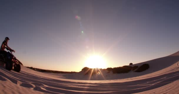 Quad biker racing on sand dunes — Stock Video