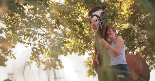 Meisje staat liefdevol met haar paard — Stockvideo