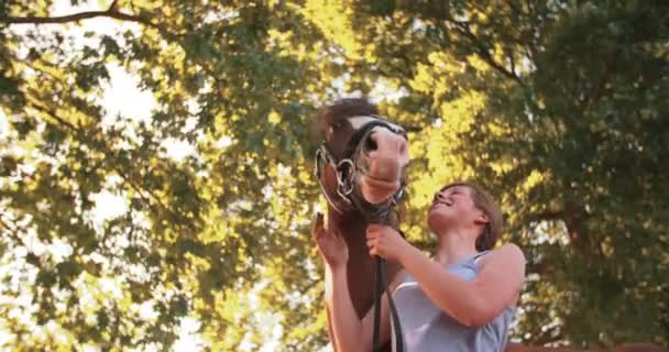 Gezond paard met een glimlachend meisje — Stockvideo