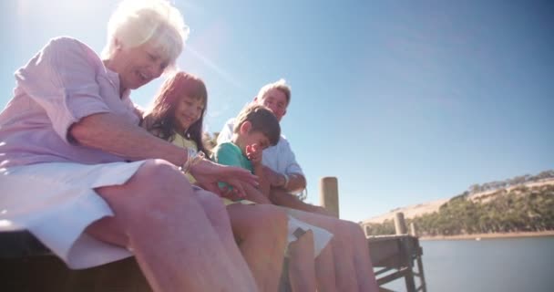 Petits-enfants assis avec leurs grands-parents sur une jetée — Video