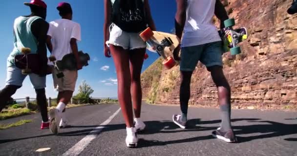 Longboarders adolescentes caminando en un camino — Vídeo de stock