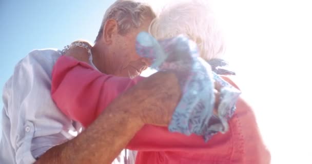 Активные пожилые люди пожилого возраста обнимаются на пляже — стоковое видео