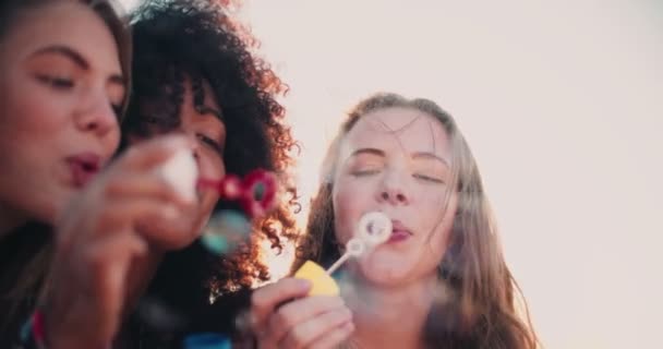 Amigas do sexo feminino soprando bolhas ao pôr do sol — Vídeo de Stock