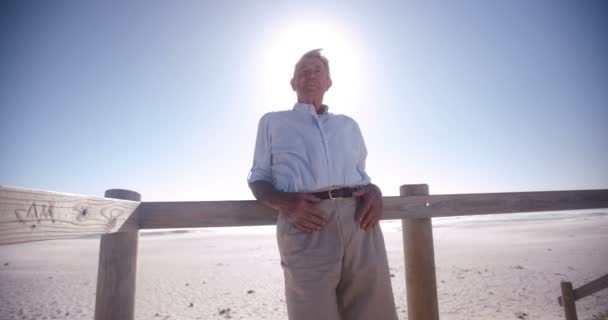 Tankeväckande pensionerade ledande mannen på stranden — Stockvideo