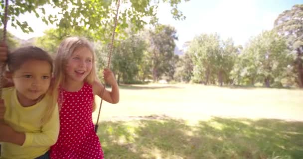 Childhood friends on a swing together — Stock Video