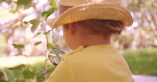 Toddler with a magnifying glass in a park — Stock Video