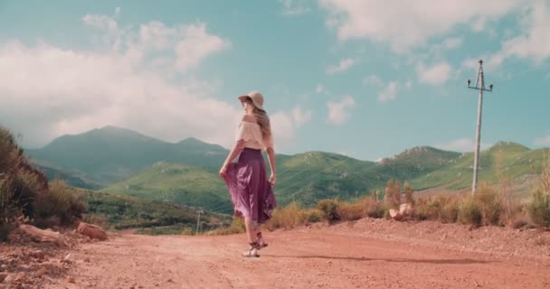 Вид сзади девочки, идущей по проселочной дороге — стоковое видео