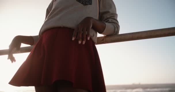 Девушка опирается на перила на пляже — стоковое видео