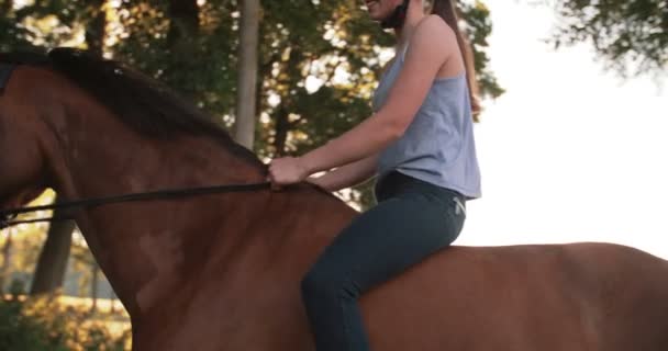 Chica montando su caballo por un carril del parque soleado — Vídeos de Stock