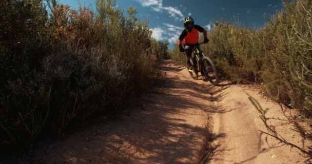 Mountainbiker op grensoverschrijdende land terug weg trail — Stockvideo