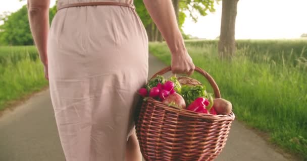 Mujer sosteniendo una cesta de verduras en un parque — Vídeo de stock