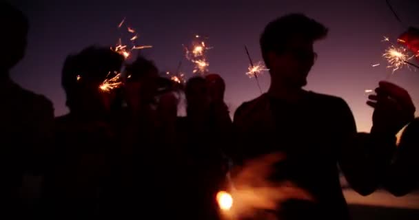 Vänner hålla ett tomtebloss på ett beachparty på twilight — Stockvideo