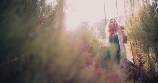 Boho girl surrounded by nature in springtime — Stock Video