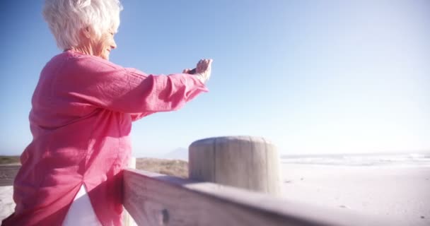 Vrouw nemen foto van strand op telefoon — Stockvideo