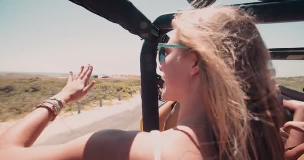 Κορίτσι τους φίλους σε ένα καλοκαίρι διακοπές οδικό ταξίδι μαζί — Αρχείο Βίντεο