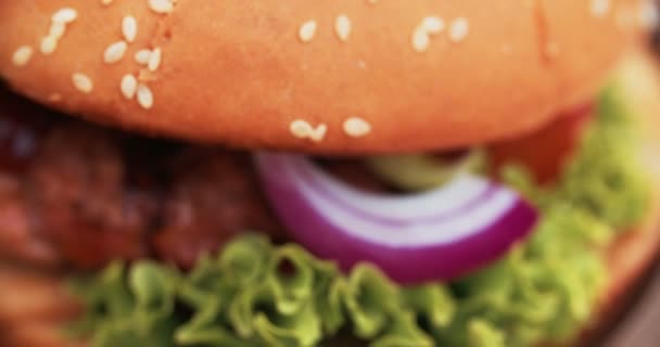 Gourmet-Burger mit erstklassigen Rindfleischpasteten — Stockvideo