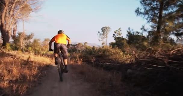 Mountainbiker rijdend langs vuil trail — Stockvideo