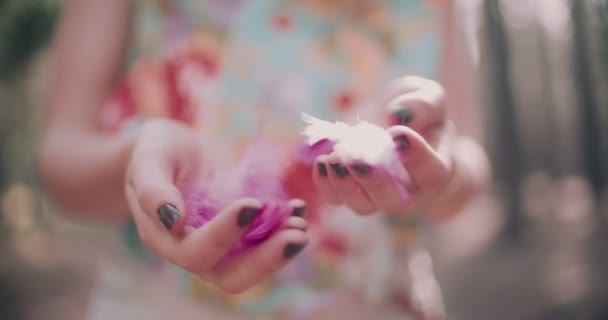 Boho girl holding coloured pink feathers — Stock Video
