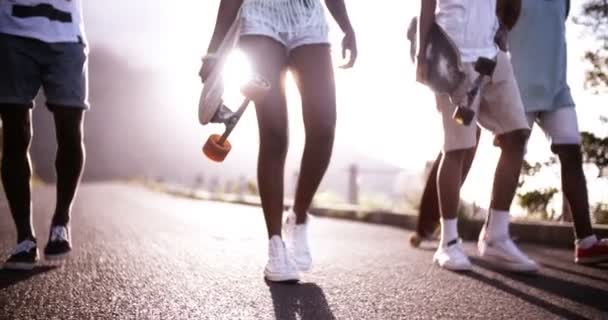 Longboarders adolescentes estadounidenses caminando en un camino — Vídeo de stock