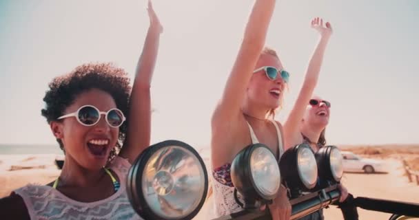 Afro menina e amigos acenando em uma viagem de carro — Vídeo de Stock