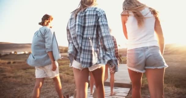 Groep van de tieners lopen samen bij zonsondergang — Stockvideo