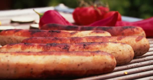 Sausages grilling on a barbecue with vegetables — Stock Video