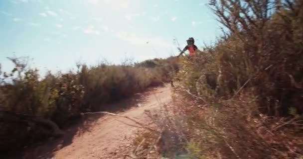 Ciclista de montaña recorriendo un camino de tierra — Vídeo de stock