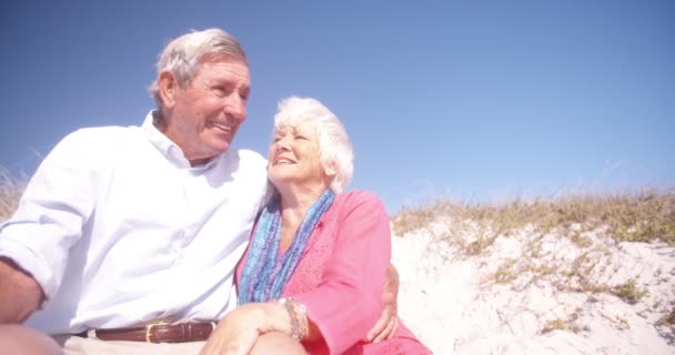 Laughing retired couple sitting on sand — Stock Video