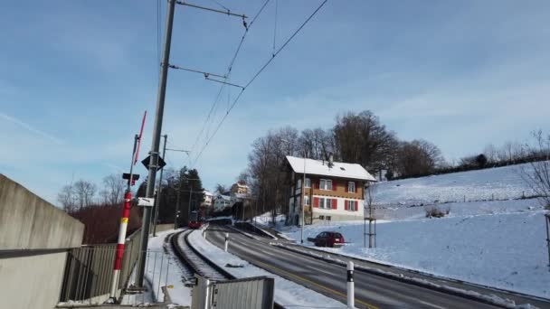 BIRNBAEUMEN, SANKT GALLEN, SWITZERLAND - JANUARY 9, 2021: Train at train station — 图库视频影像