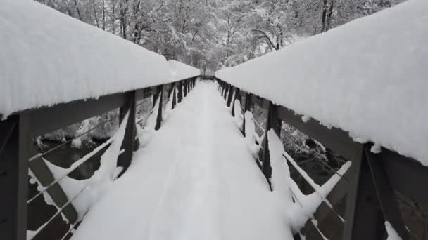 Caminhando através de uma ponte pedestre coberta de neve sobre o rio após a queda de neve pesada — Vídeo de Stock